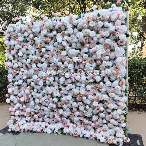 2024 Custom 5D Artificial Silk Roll-Up-Flower-Wall Panels White Pink Peony Cloth for Wedding Decor Wedding Wall Decorations Free Shipping