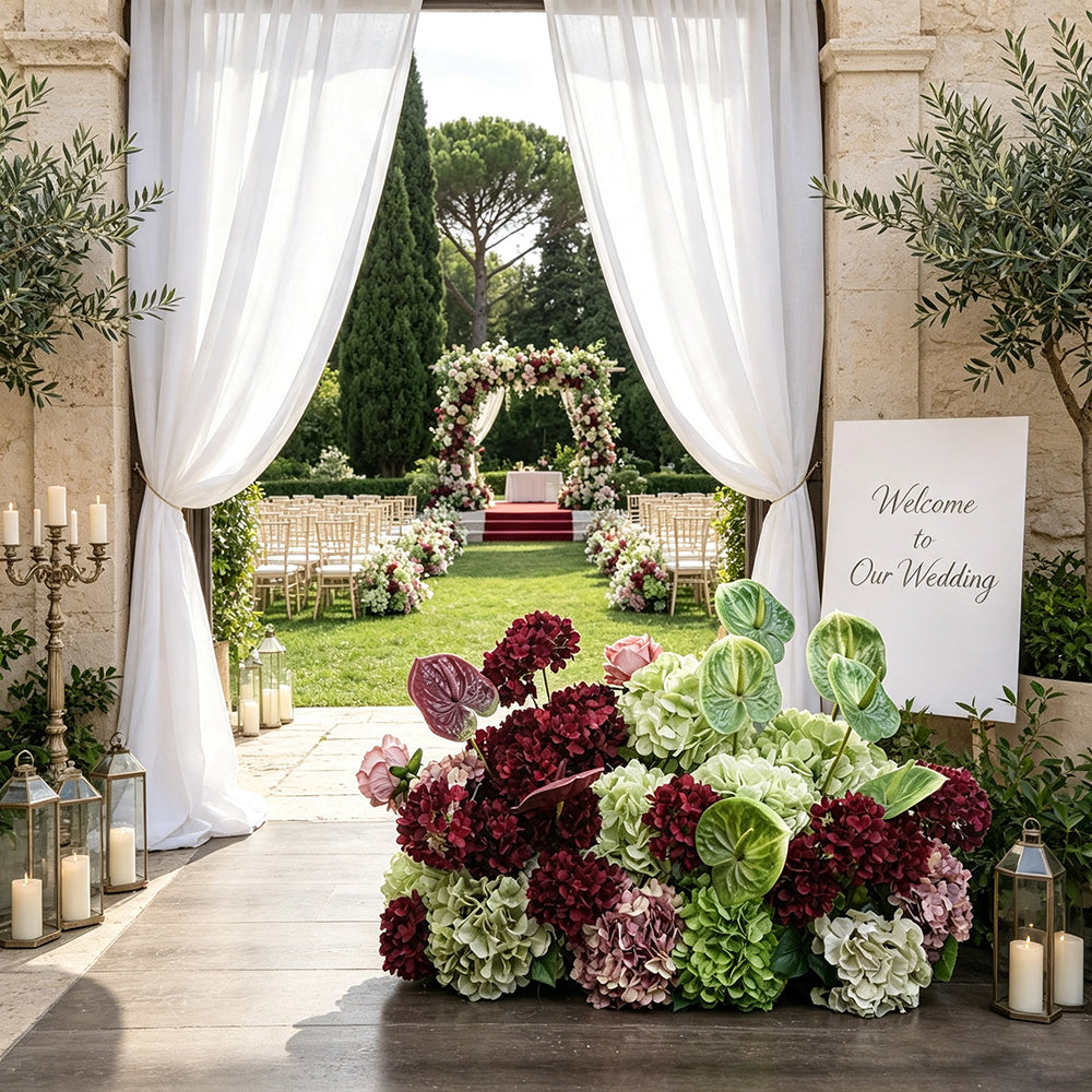 70cm Wedding Aisle Floor Flower Arrangement Fashionable Burgundy Green Hydrangea Flower Row for Wedding Ground Decoration - Free Shipping