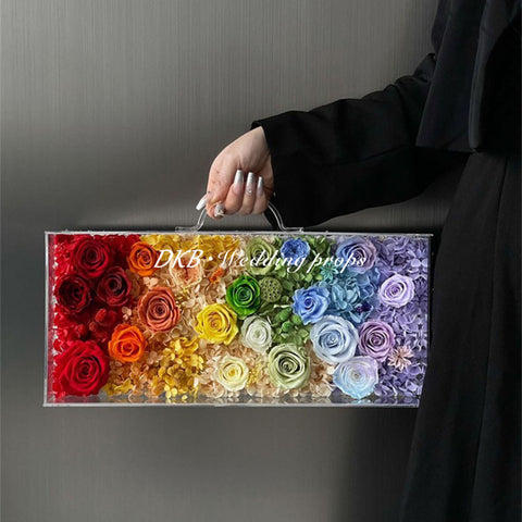 Acrylic Flower Box With Handle Transparent Acrylic Portable Rainbow Color Rose Flower Suitcase Best Valentine’s Day Gift Idea - Free Shipping