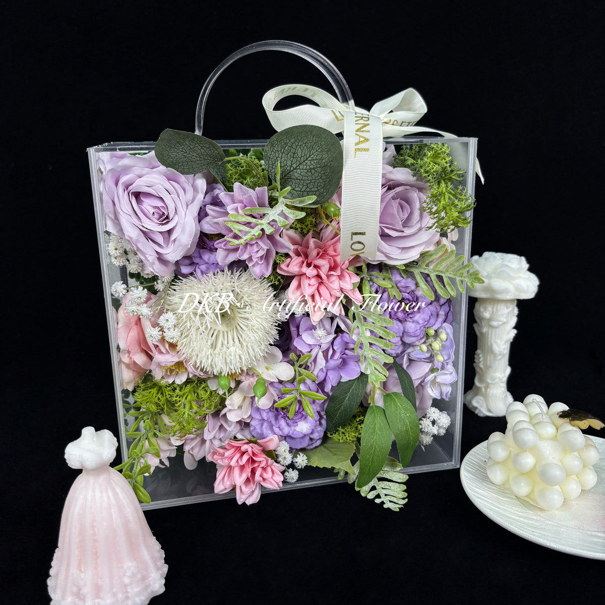 Artificial Flower Box Wholesale High Quality Cuboid Acrylic Flower Gift Box Purple Style Dahlia Handmade Acrylic Silk Flower Box - Free Shipping