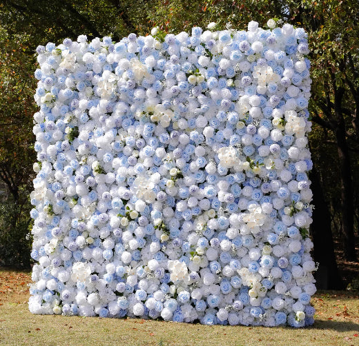 Artificial Flower Factory New Roll up Flower Wall Blue Silk Rose Flower Wall 8\*8ft Panel Backdrop Home Wedding Decor Free Shipping