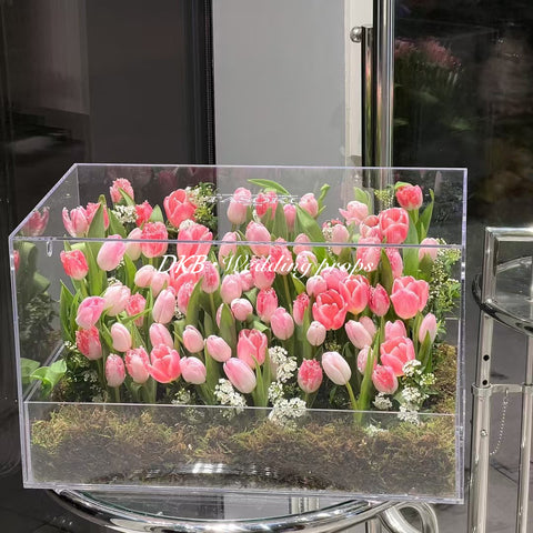 Best Valentine’s Day Gift High Quality Artificial Silk Pink Tulip Arranged in Clear Acrylic Boxes with LED Light - Free Shipping