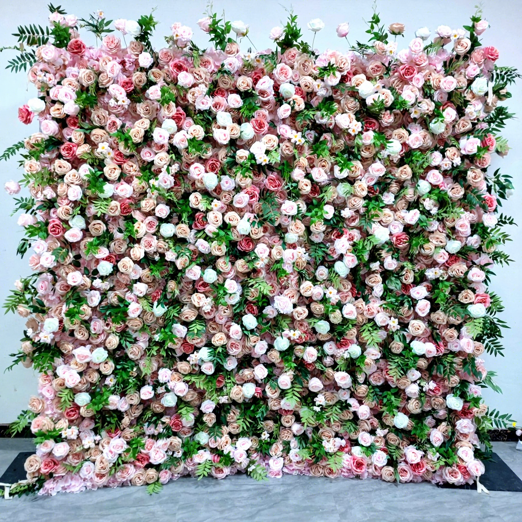 Custom 8\*8 ft Flower Wall Roll up Artificial Silk pink Rose Greenery Hanging Flowers Wall Background for Wedding Party Free Shipping