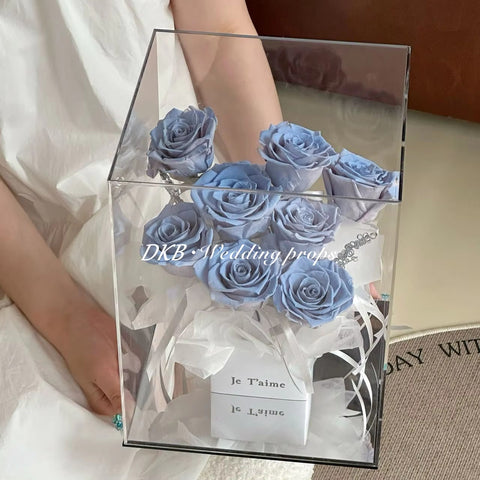 Custom Gift Clear Silk Cloth Flower Box Gradient Blue Rose Arragement Acrylic Flower Box With Sliding Lid Acrylic Box for Flower - Free Shipping