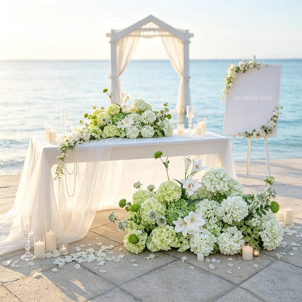 Custom Natural Style Artificial Green White Floral Arrangement Ground Flower Runner Decoration for Wedding Party Decoration - Free Shipping