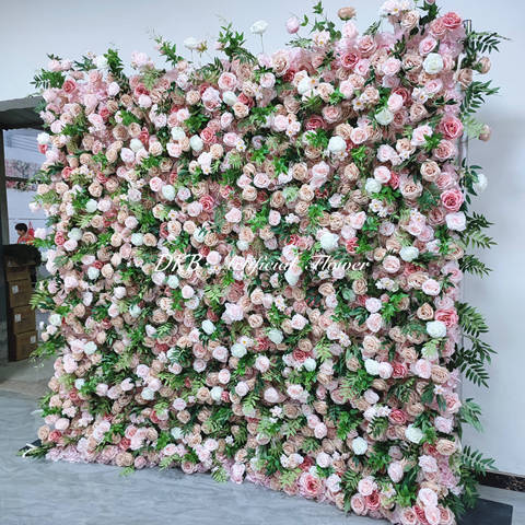 3D Roll up Flower Wall 8ft X 8ft Silk Artificial Pink Rose Flower Wall Luxury Decorative Event Backdrop Free Shipping