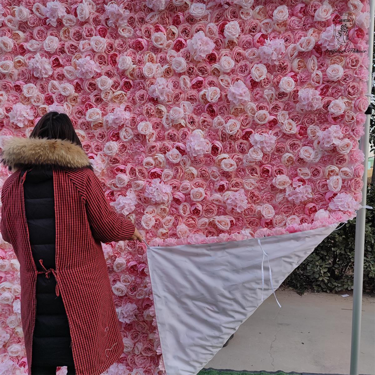 Artificial Flower Factory New Popular 8ft X 8ft pink Silk Rose Roll up Flower Wall Panel Backdrop Wall Flowers Free Shipping