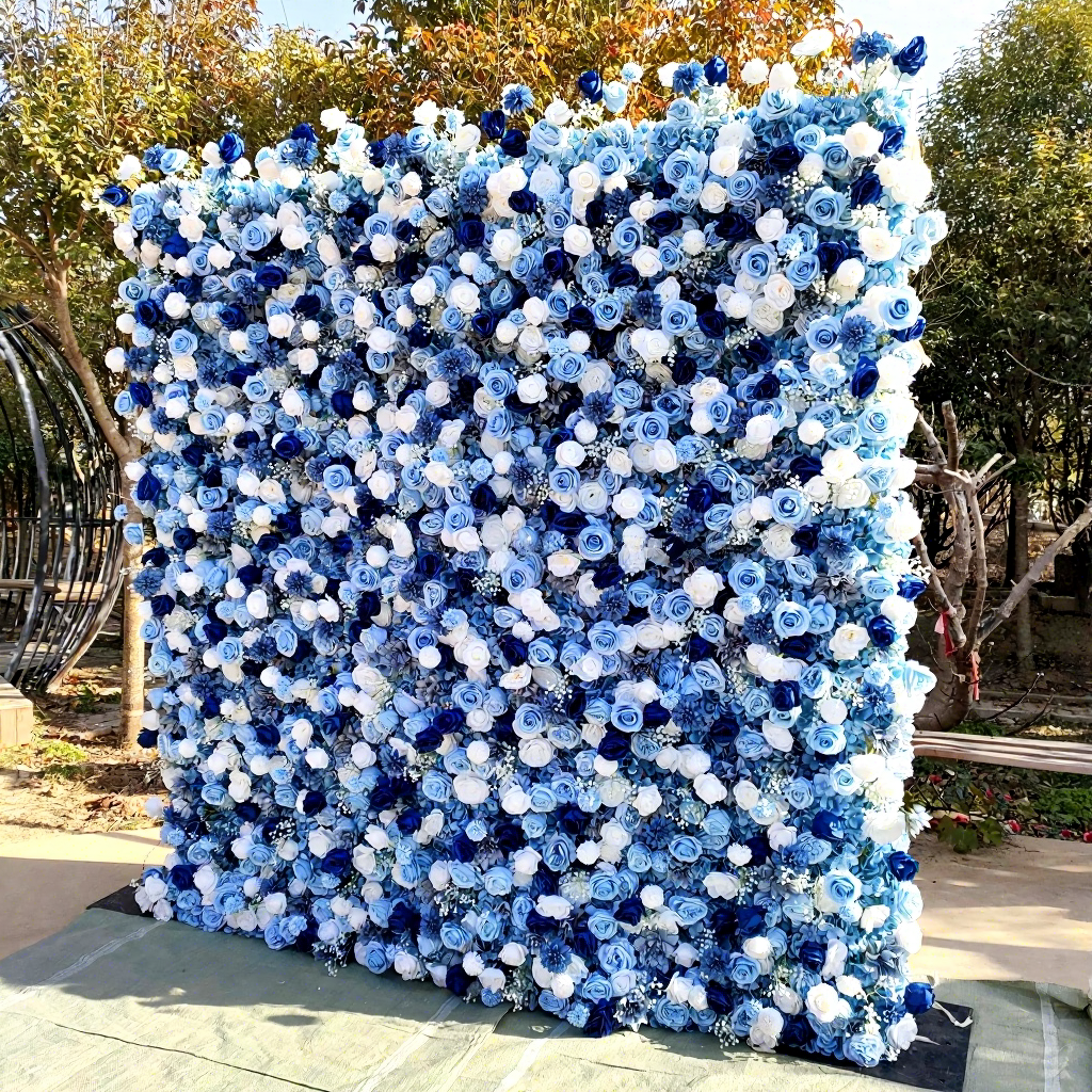 Factory Custom Roll up 5D Flower Wall Custom Luxury Blue and White Artificial Silk Flower Wall Two Pieces 8\*8 ft Free Shipping