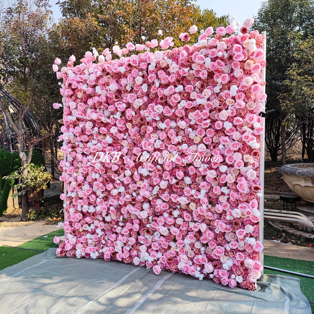 Factory Luxury Pink Silk Rose Flower Wall Backdrop 8ft X 8ft Custom High Quality Artificial Silk 5d Roll up Flower Wall Free Shipping