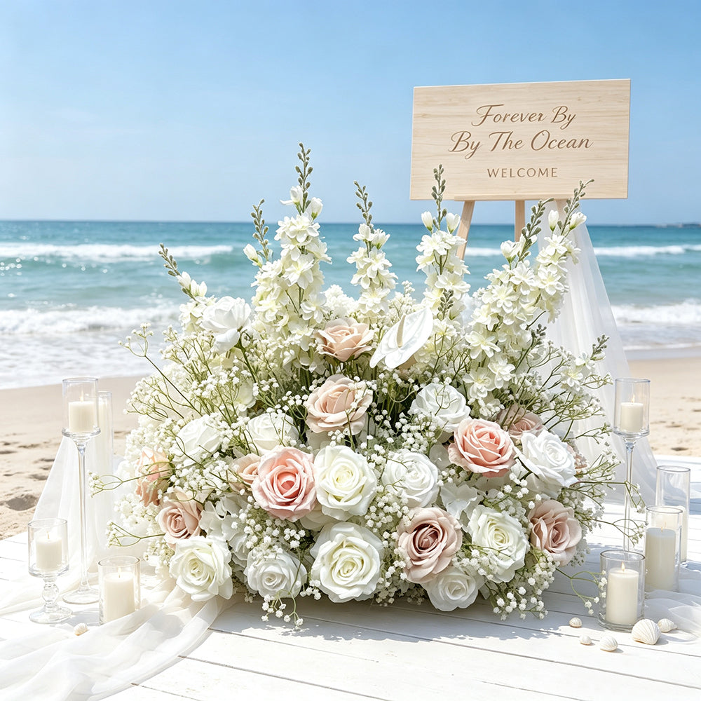 Most Popular White Pink Artificial Rose Baby's Breath Mixed Design Artificial Aisle Flower Wedding Floor Flower Arrangement - Free Shipping