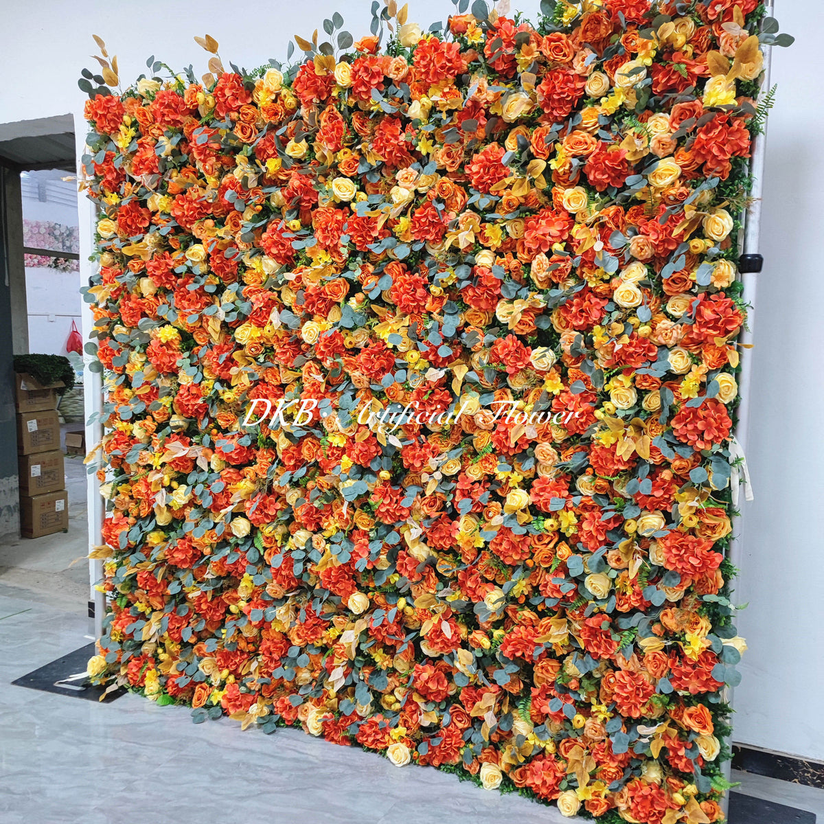 New 8ft by 8ft 5d Flower Wall Backdrop Orange Hydrangea Yellow Silk Rose Artificial Flower for Wall Decoration Free Shipping