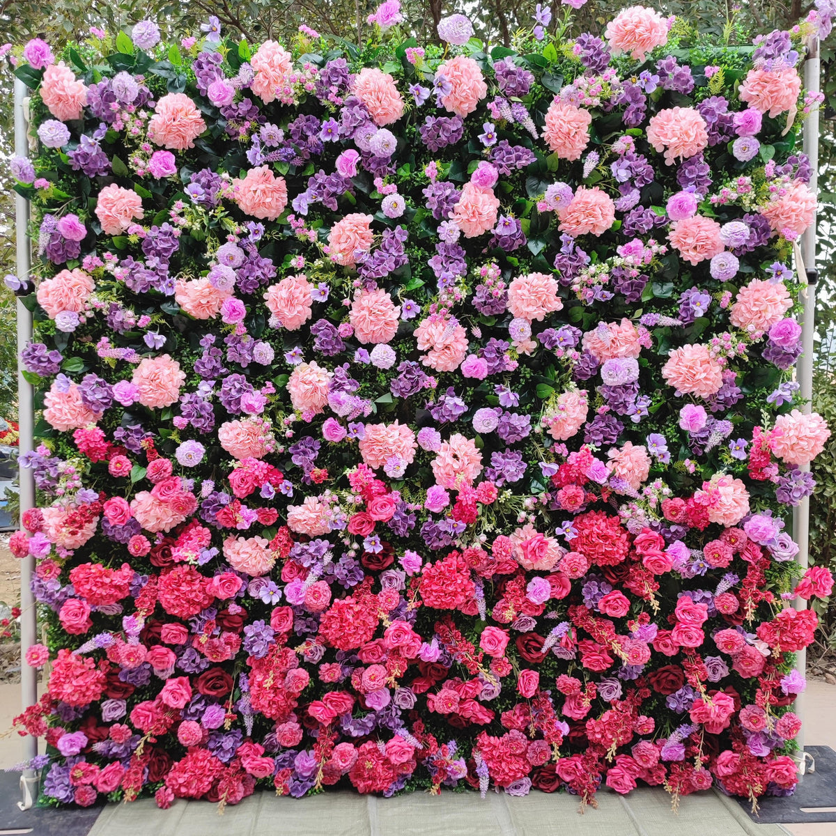 Craft Factory Custom Roll up Flower Wall 8x8ft Artificial Pink Purple Silk Rose 3d Flowers Wall for Wedding Decor Free Shipping