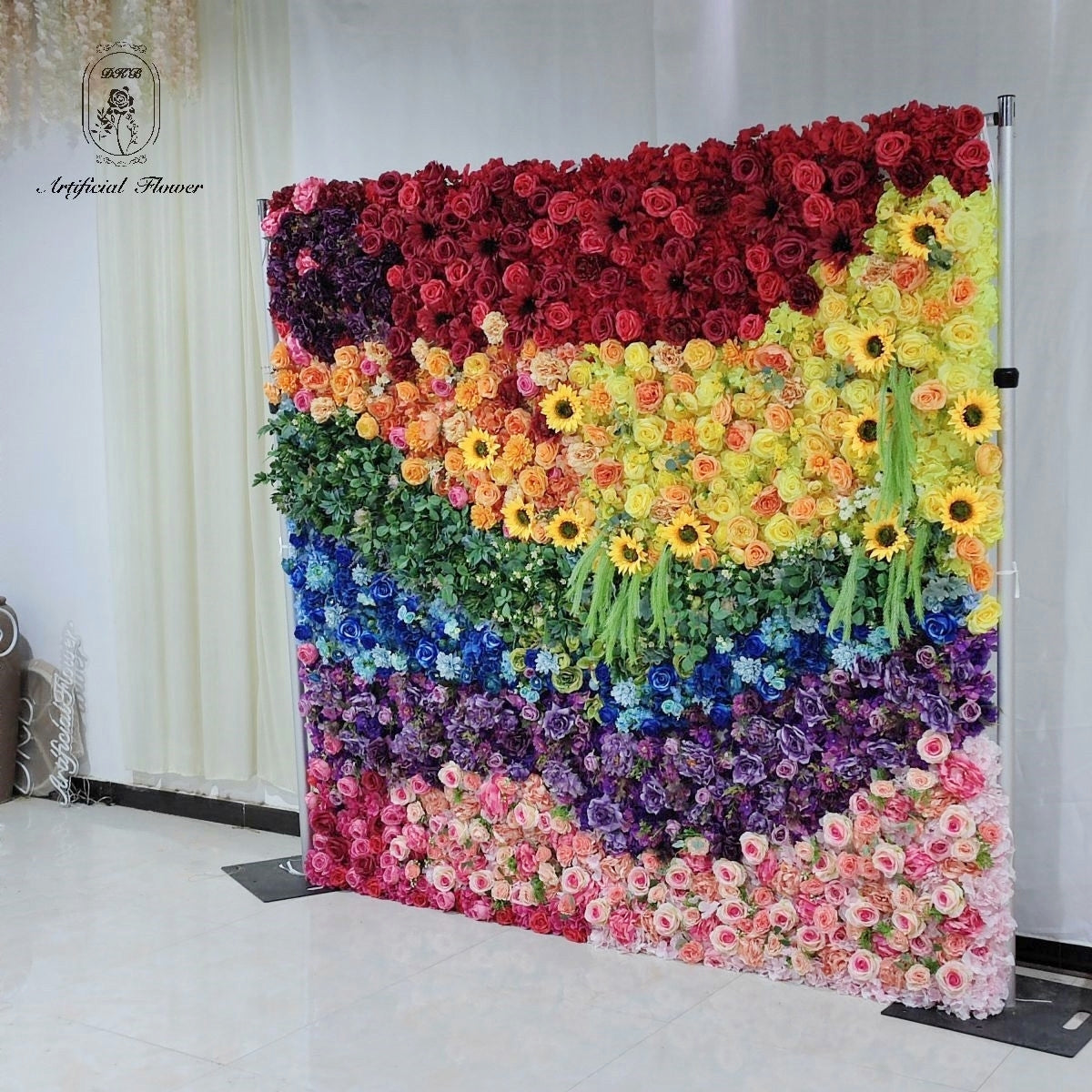 Factory Custom 8ft \* 8ft Colorful rainbow Artificial Folar Flower Wall Backdrop with Fabric Bottom Free Shipping