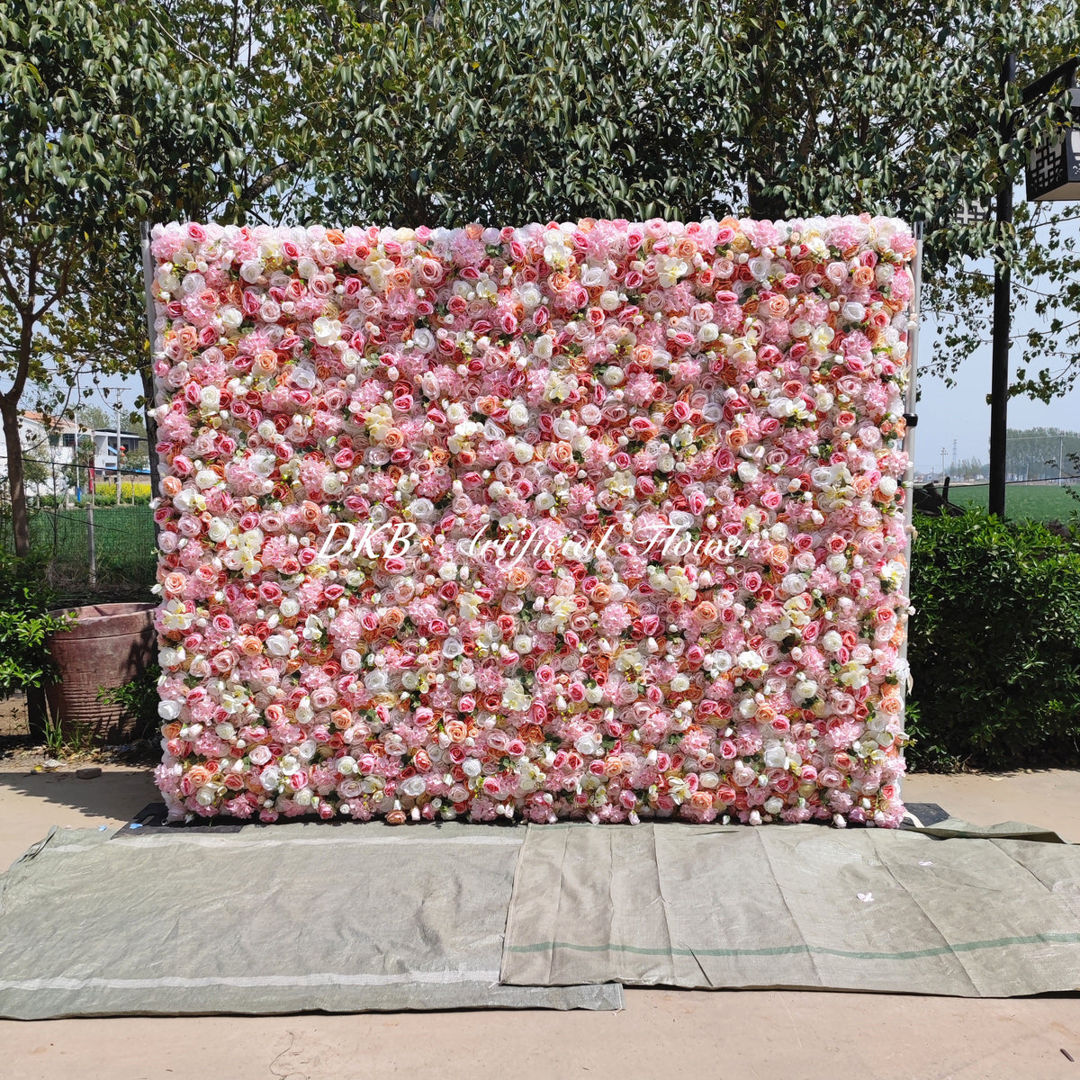 HQ117 Fashion Design 5D Pink Flower Wall Decoration Rose 8\*8 Roll up Zipper Flower Wall for Decor Free Shipping