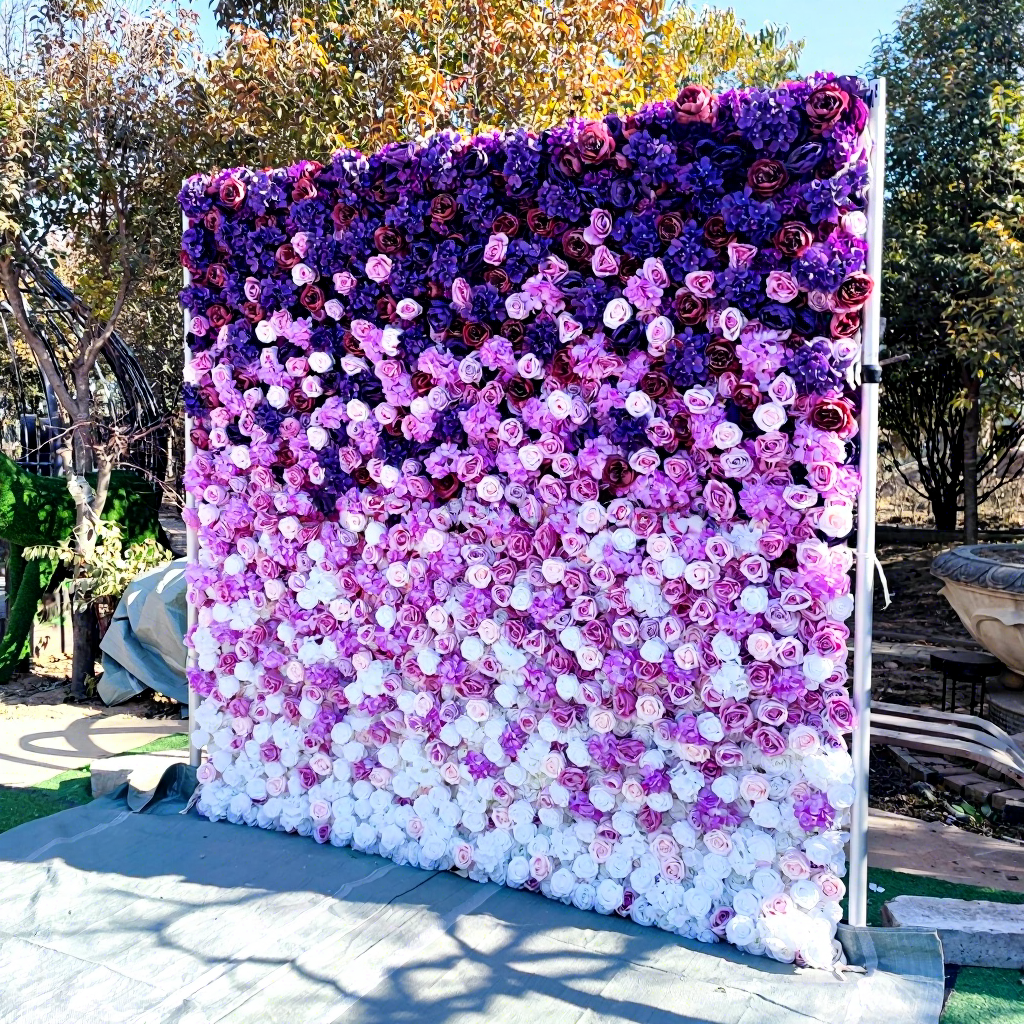 Luxury Hanging Wall Flower Artificial Gradient Purple 5d 7d Fabric Artificial Rolling up Curtain Flower Wall Plants Backdrop Free Shipping