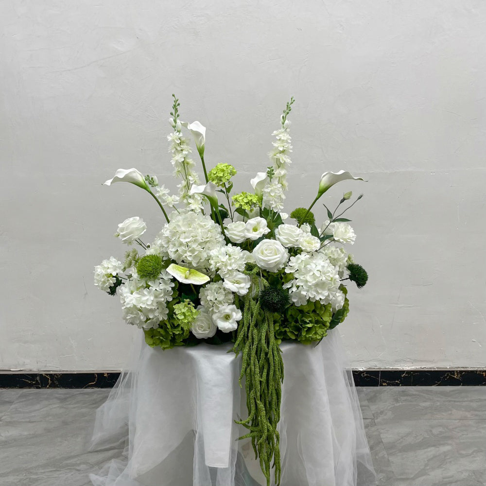 Modern Wedding Popular White Green Themed Artificial Flower Bouquet 70cm Large Isle Flower With Hanging Amaranth for Alter Decor - Free Shipping