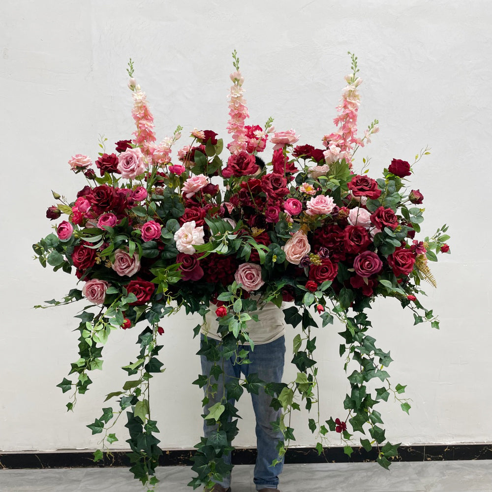 Super Large Size 120cm Artificial Flower Arrangement Burgundy and Pink Realistic Silk Rose Delphinium Green Plants Wedding Decor - Free Shipping