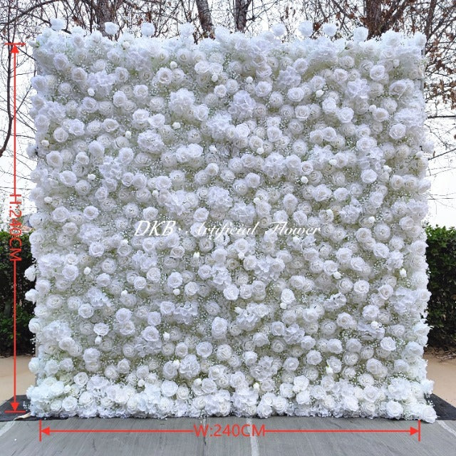 Wedding Decoration Supplies Hot Selling White Silk Rose Artificial 3d Roll up Flowers Wall Panels Wall Flower Backdrop Free Shipping